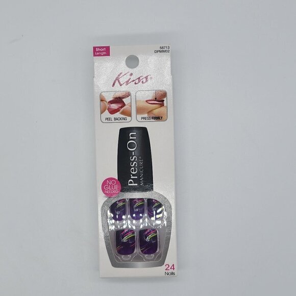 5/$25 NWT Kiss Press-on NaIls Purple with Design Short Length - Tabloid Buzz DPM - Picture 1 of 2